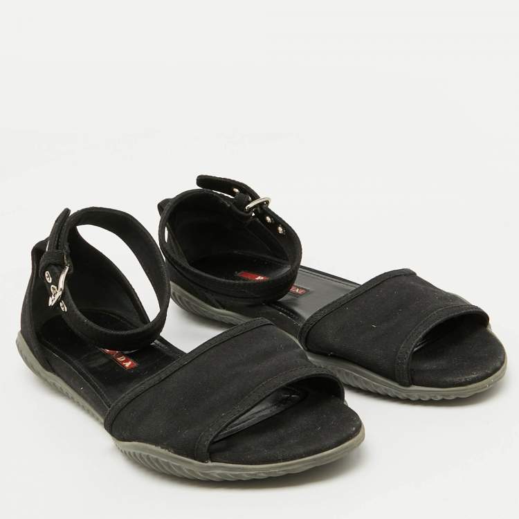 Pre Owned Prada Sport Black Fabric Ankle Strap Flat Sandals Size 38