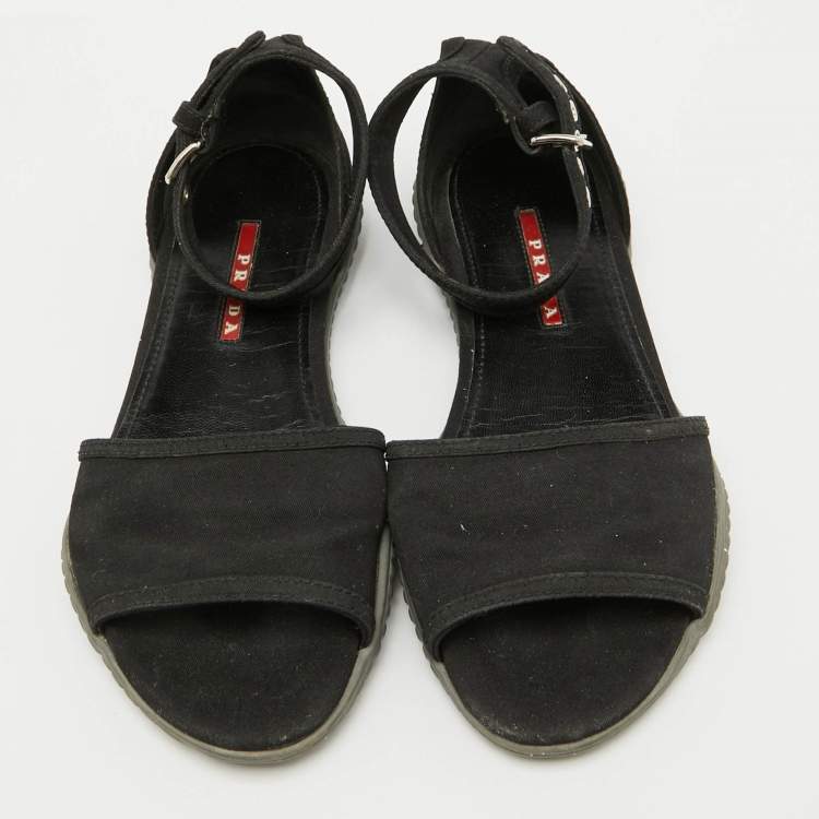 Pre Owned Prada Sport Black Fabric Ankle Strap Flat Sandals Size 38