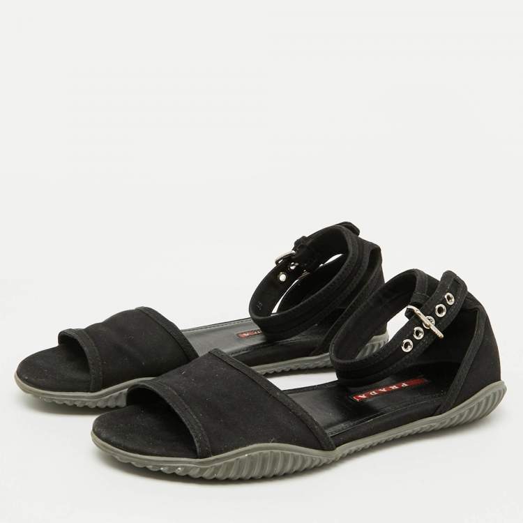 Pre Owned Prada Sport Black Fabric Ankle Strap Flat Sandals Size 38