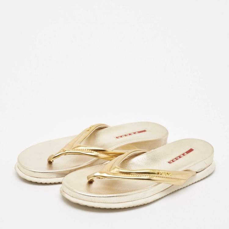 Pre Owned Prada Sport Gold Leather Flat Thong Sandals Size 37