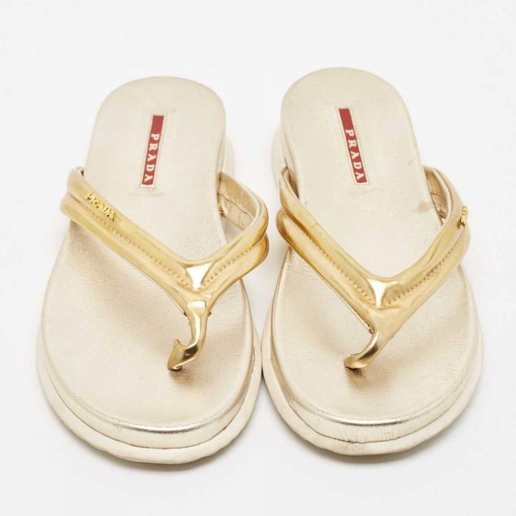 Pre Owned Prada Sport Gold Leather Flat Thong Sandals Size 37