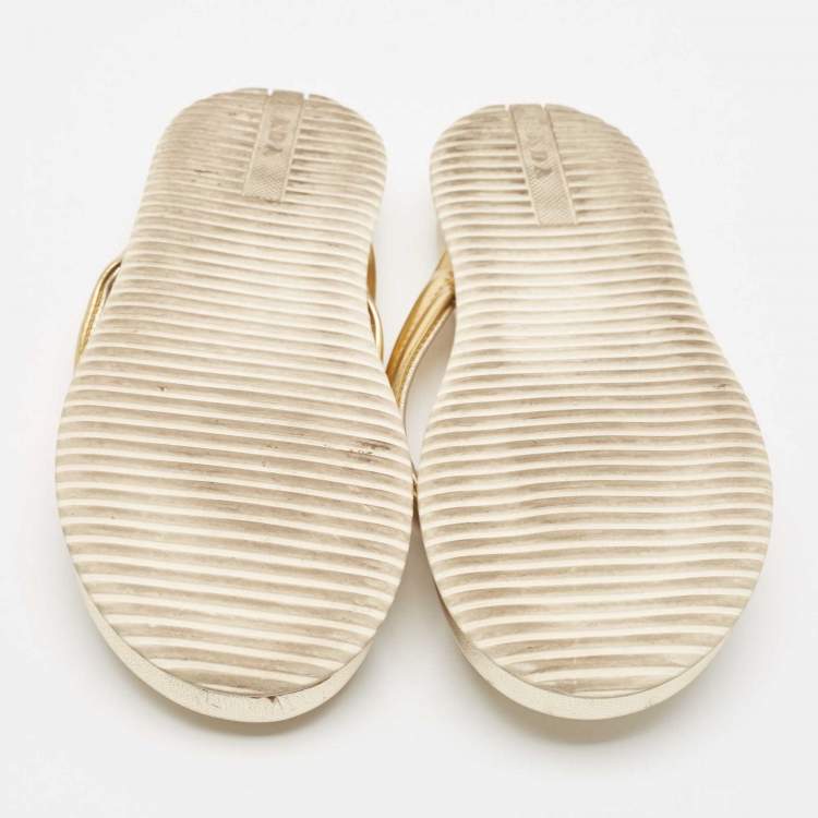 Pre Owned Prada Sport Gold Leather Flat Thong Sandals Size 37