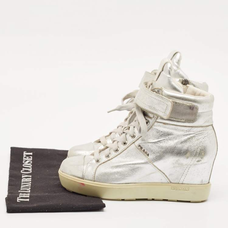 Pre Owned Prada Sport Silver Leather Wedge Sneakers Size 36