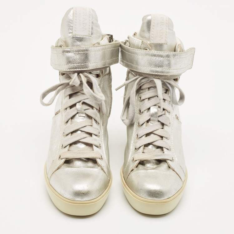 Pre Owned Prada Sport Silver Leather Wedge Sneakers Size 36