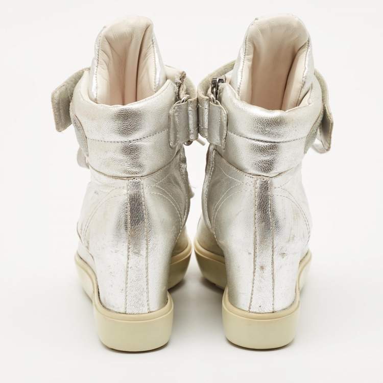 Pre Owned Prada Sport Silver Leather Wedge Sneakers Size 36
