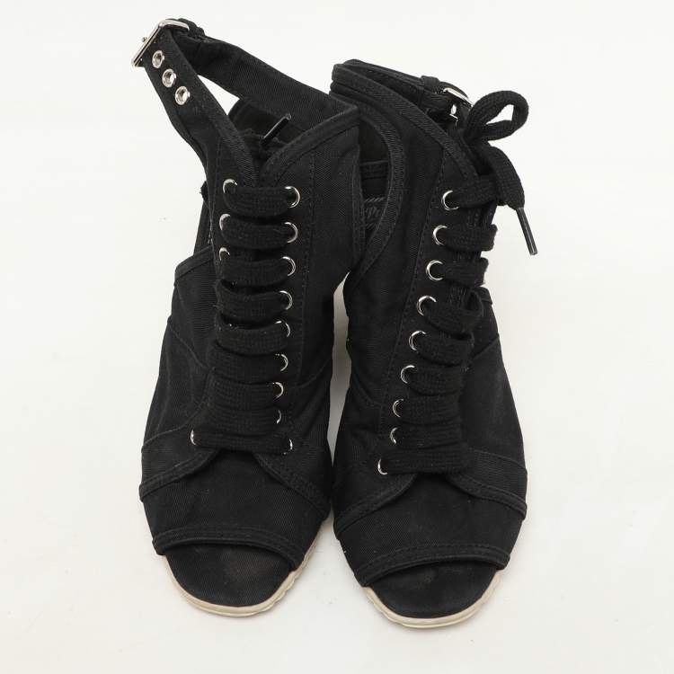 Pre Owned Prada Sport Black Canvas Peep Toe Slingback Sandals Size 37