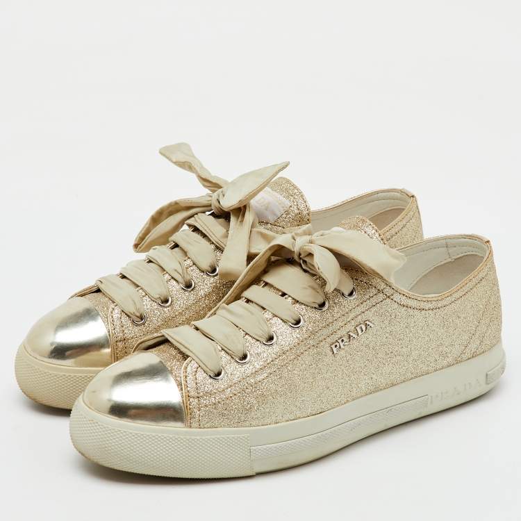 Pre Owned Prada Sport Gold Glitter and Leather Cap Toe Low Top Sneakers Size 37