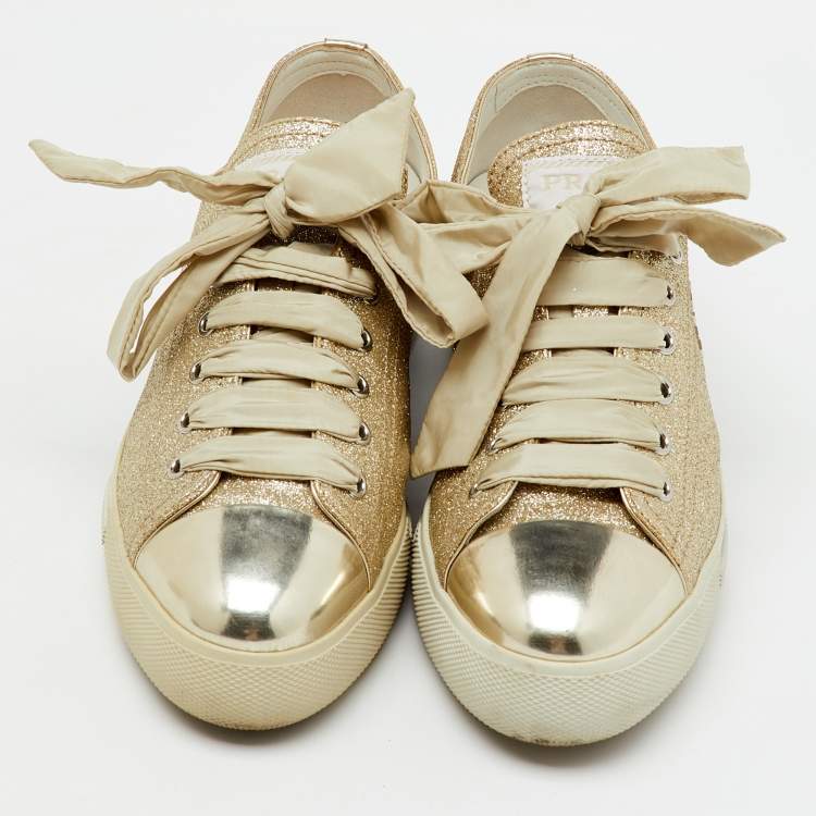 Pre Owned Prada Sport Gold Glitter and Leather Cap Toe Low Top Sneakers Size 37