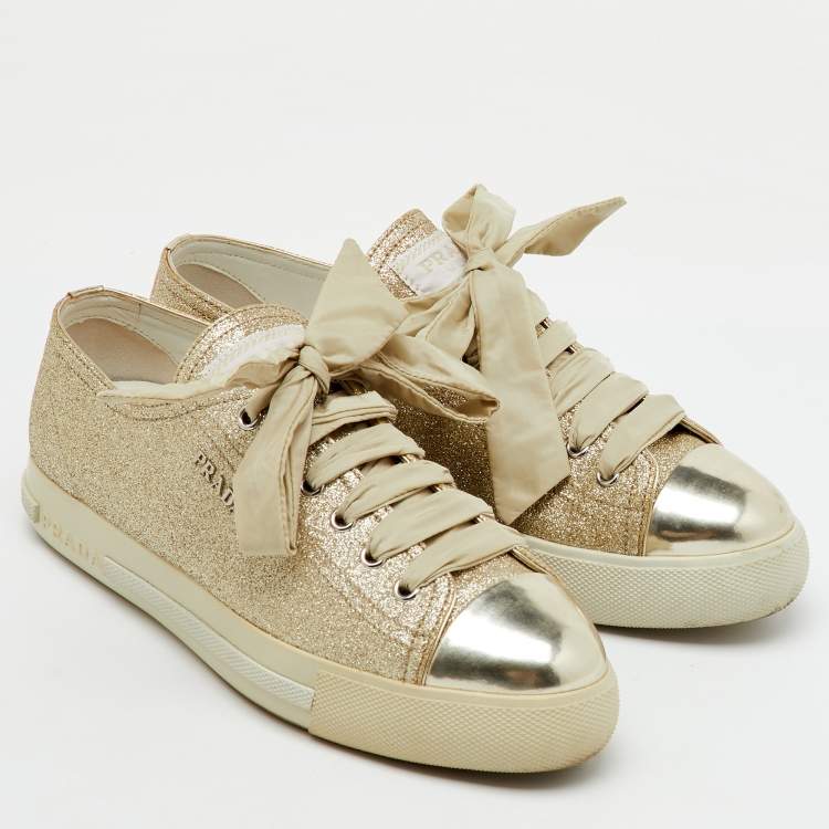 Pre Owned Prada Sport Gold Glitter and Leather Cap Toe Low Top Sneakers Size 37