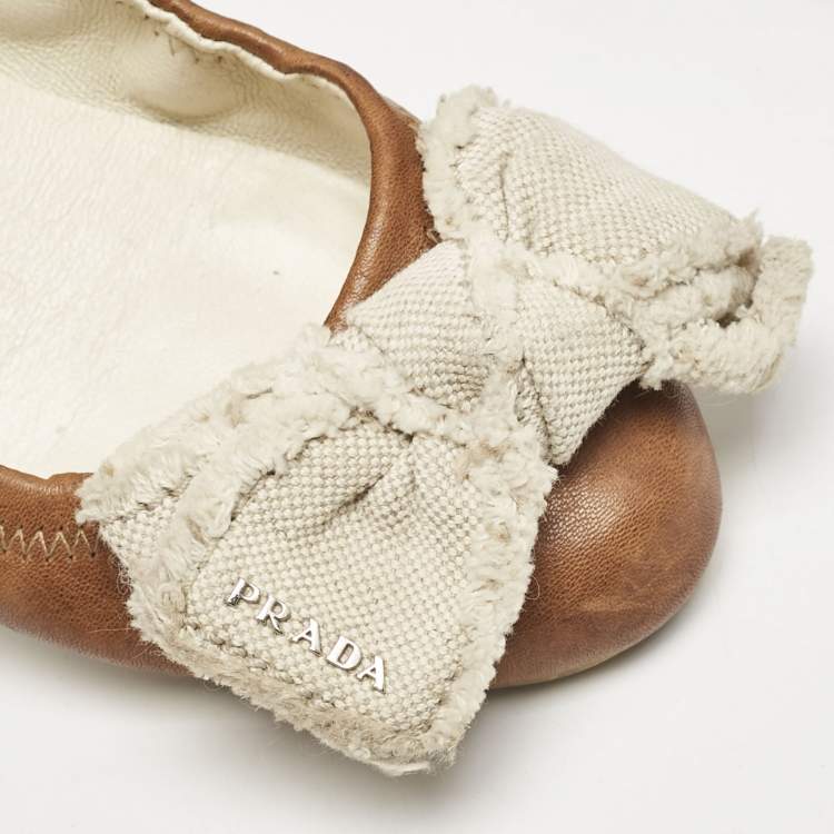 Pre Owned Prada Sport Brown/White Leather And Canvas Scrunch Bow Ballet Flats Size 37.5