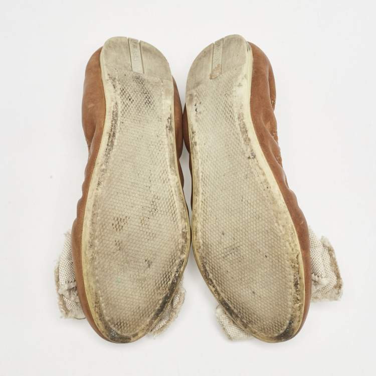 Pre Owned Prada Sport Brown/White Leather And Canvas Scrunch Bow Ballet Flats Size 37.5