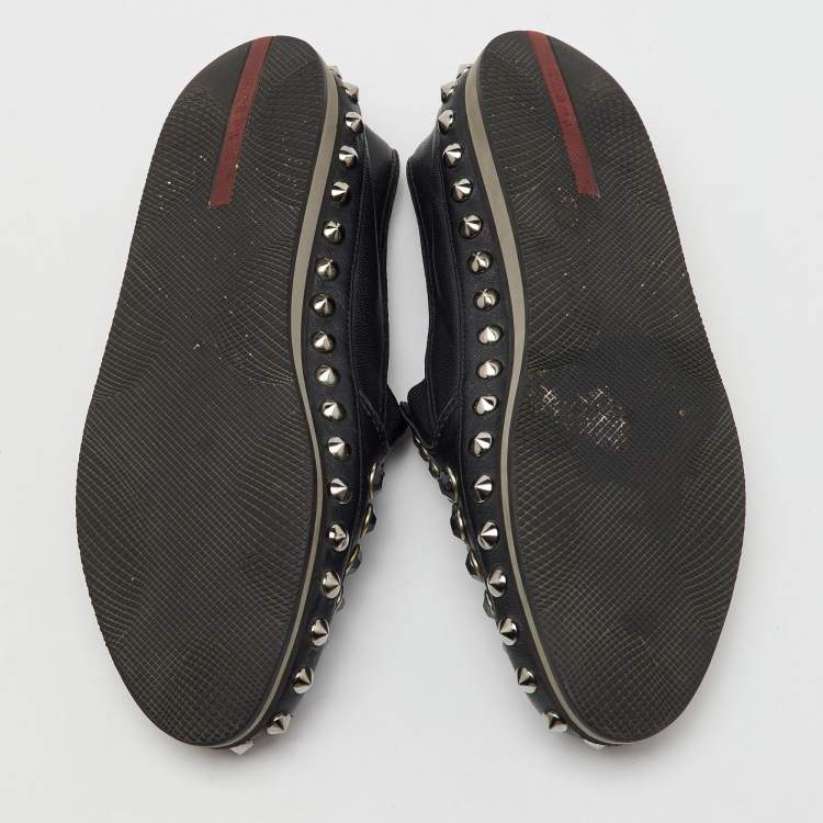 Pre Owned Prada Sport Black Leather Crystal Studded Slip On Loafers Size 37.5
