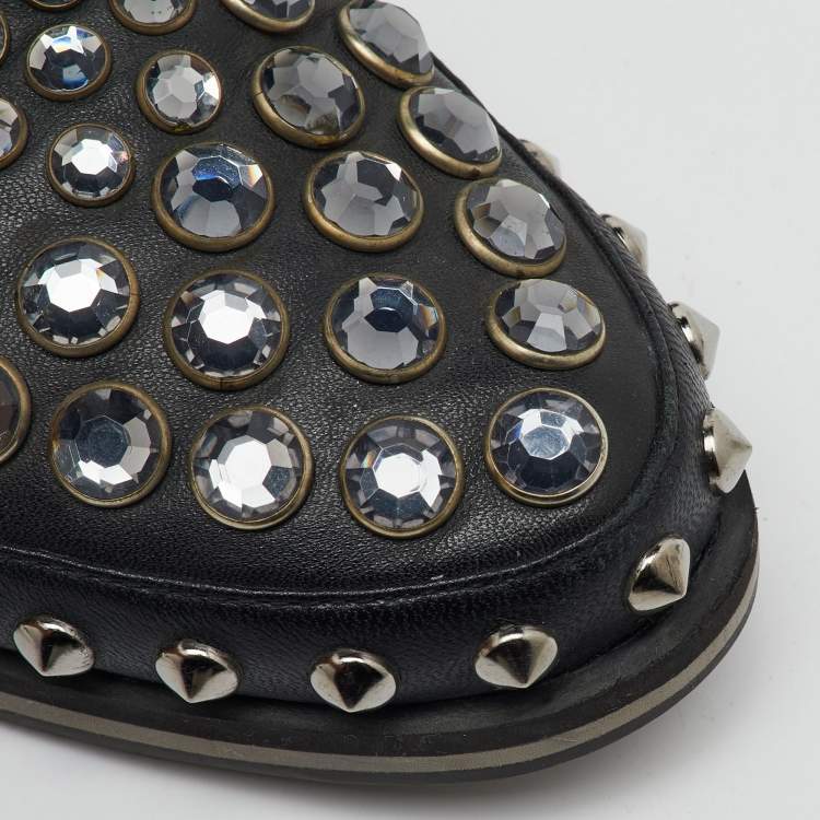 Pre Owned Prada Sport Black Leather Crystal Studded Slip On Loafers Size 37.5