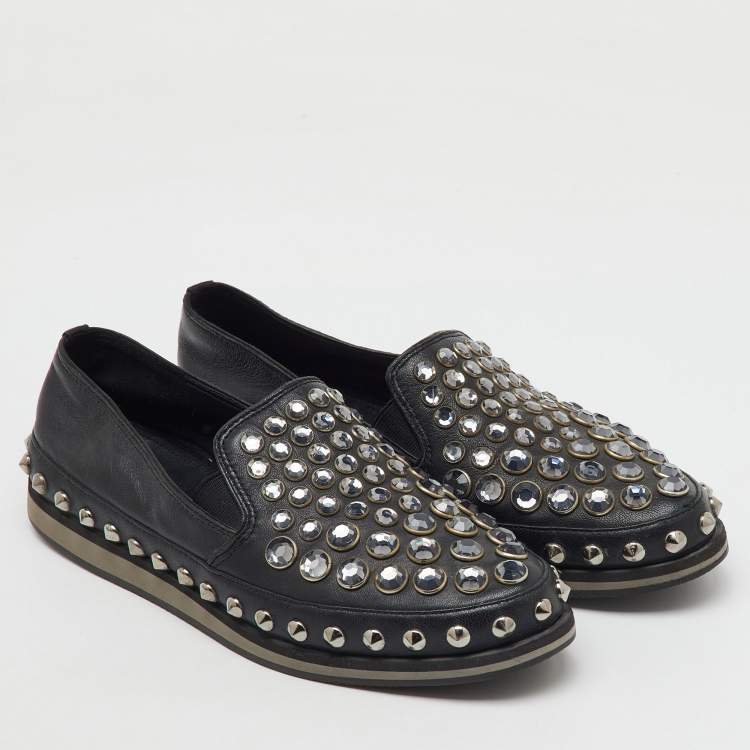 Pre Owned Prada Sport Black Leather Crystal Studded Slip On Loafers Size 37.5