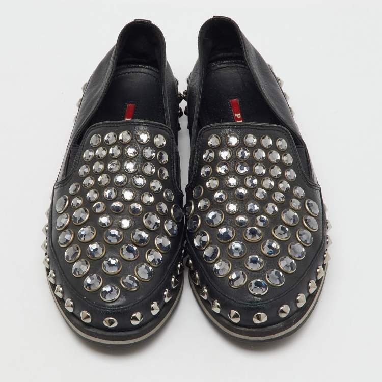 Pre Owned Prada Sport Black Leather Crystal Studded Slip On Loafers Size 37.5