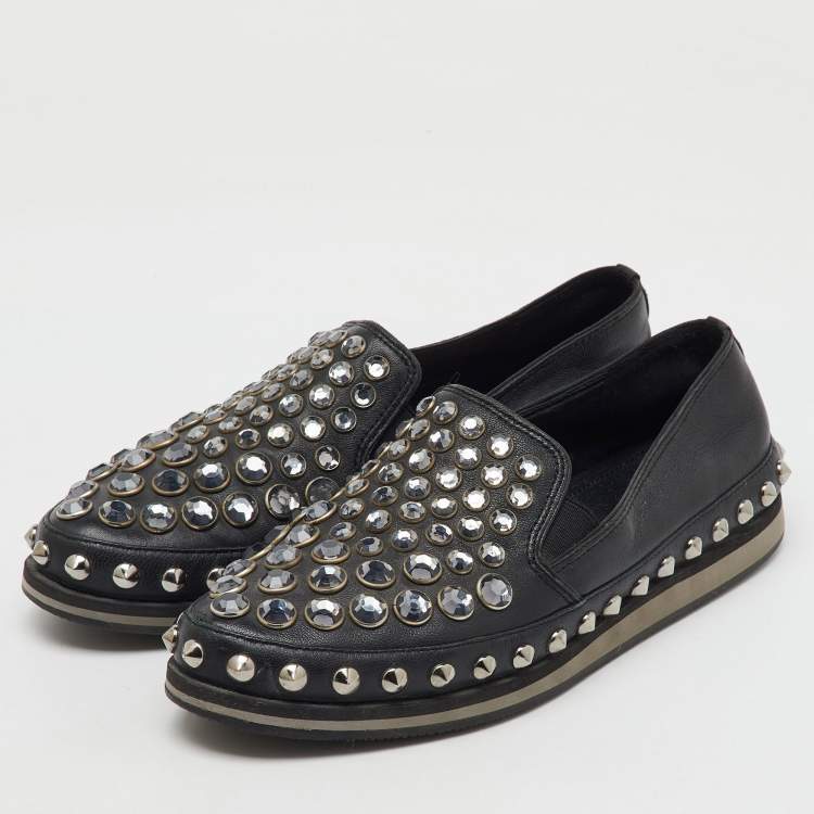 Pre Owned Prada Sport Black Leather Crystal Studded Slip On Loafers Size 37.5