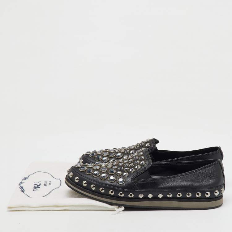 Pre Owned Prada Sport Black Leather Crystal Studded Slip On Loafers Size 37.5
