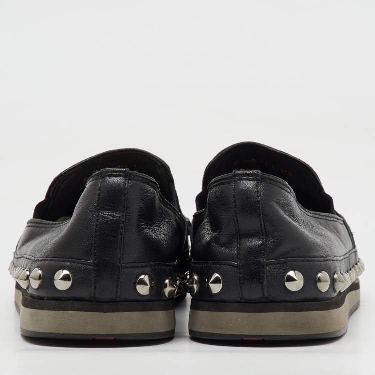 Pre Owned Prada Sport Black Leather Crystal Studded Slip On Loafers Size 37.5