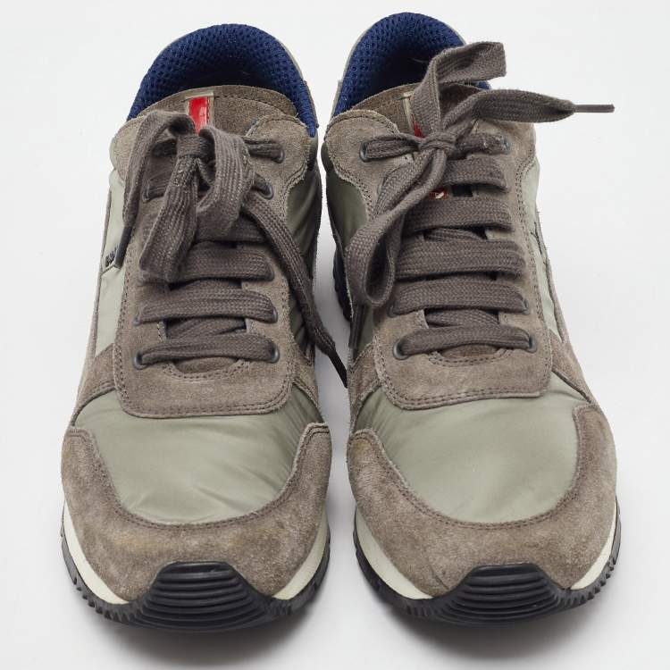 Pre Owned Prada Sport Grey/Light Green Suede and Nylon Low Top Sneakers Size 40