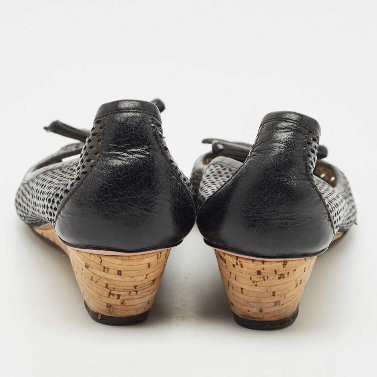 Pre Owned Prada Sport Black Patent Leather Peep Toe Cork Wedge Pumps Size 41