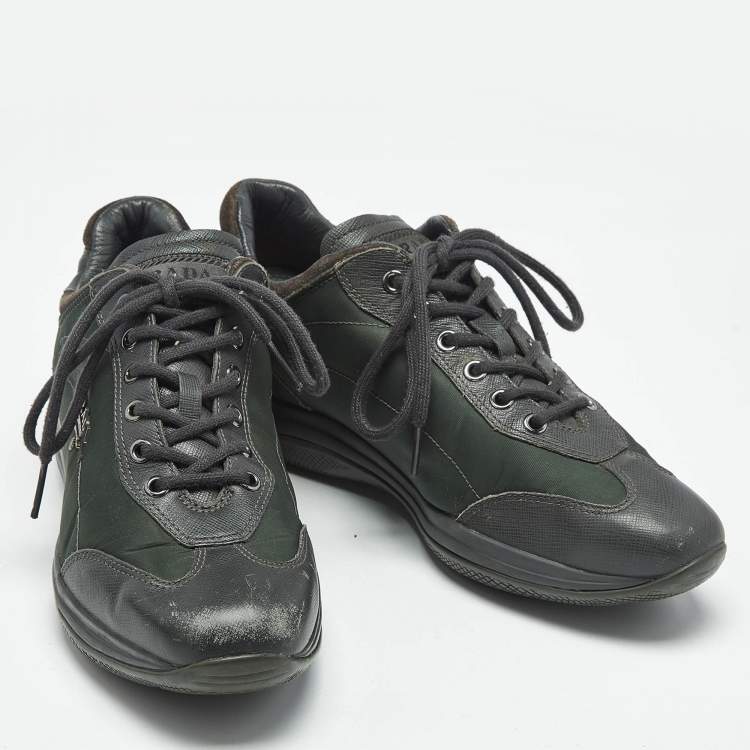 Pre Owned Prada Sport Green Leather and Nylon Lace Up Sneakers Size 38.5