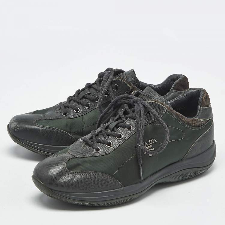 Pre Owned Prada Sport Green Leather and Nylon Lace Up Sneakers Size 38.5