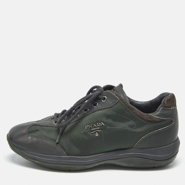 Pre Owned Prada Sport Green Leather and Nylon Lace Up Sneakers Size 38.5