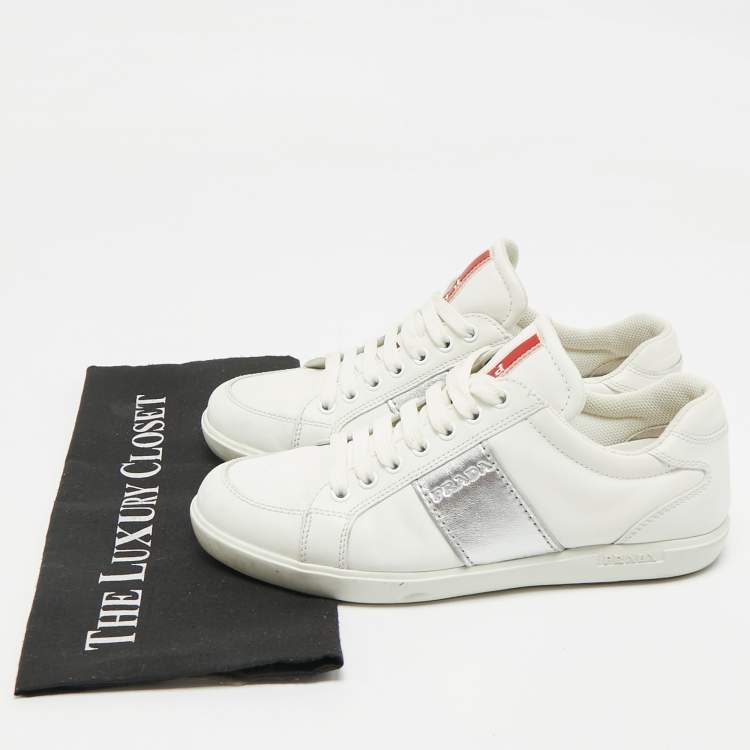 Pre Owned Prada Sport White/Silver Leather Low Top Sneakers Size 38