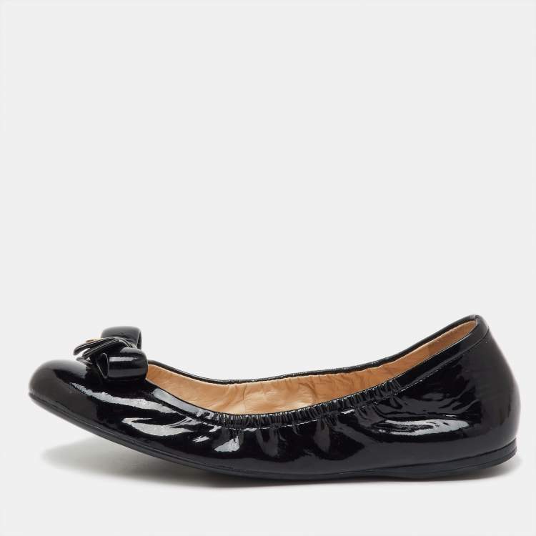 Pre Owned Prada Sport Black Patent Leather Bow Detail Scrunch Ballet Flats Size 39