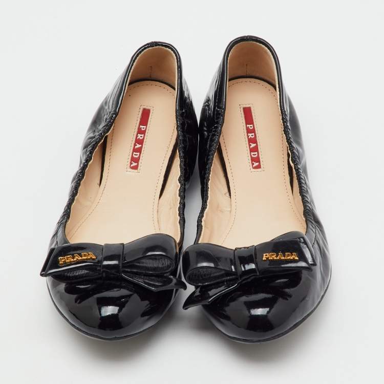 Pre Owned Prada Sport Black Patent Leather Bow Detail Scrunch Ballet Flats Size 39