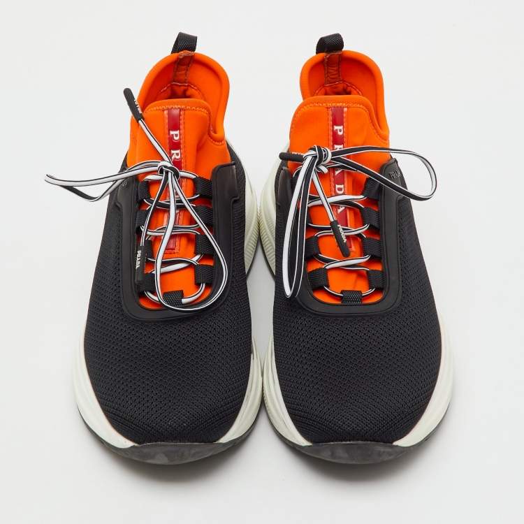 Pre Owned Prada Sport Black/Orange Mesh and Neoprene Chunky Sneakers Size 36