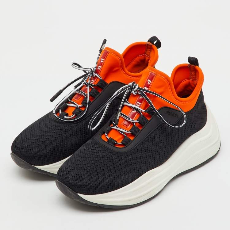 Pre Owned Prada Sport Black/Orange Mesh and Neoprene Chunky Sneakers Size 36