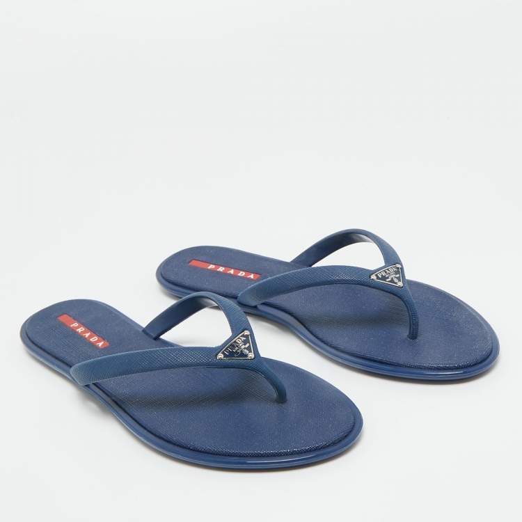 Pre Owned Prada Sport Blue Rubber Crosshatched Thong Sandals Size 36