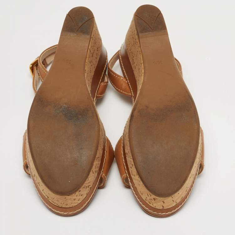 ممل وكة مسبقًا Prada Sport Size 38.5 Tan Leather Wedge Sandals
