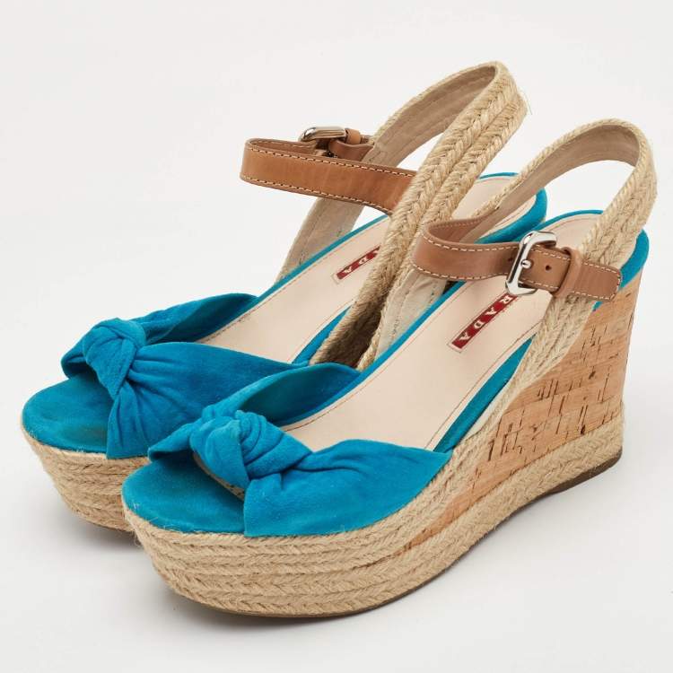 Pre Owned Prada Sport Size 37 Blue/Brown Suede and Leather Cork Espadrille Platform Wedge Sandals