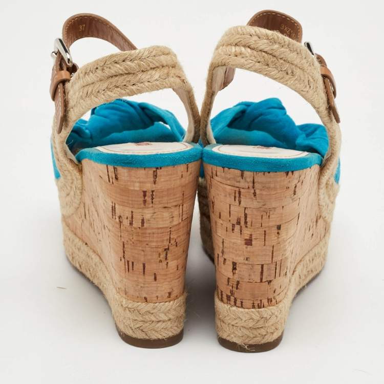 Pre Owned Prada Sport Size 37 Blue/Brown Suede and Leather Cork Espadrille Platform Wedge Sandals