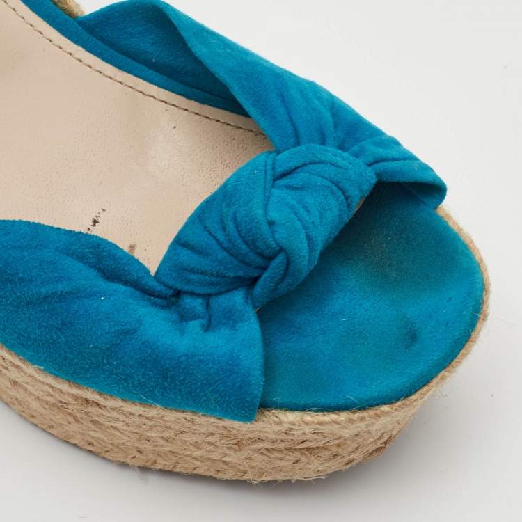 Pre Owned Prada Sport Size 37 Blue/Brown Suede and Leather Cork Espadrille Platform Wedge Sandals