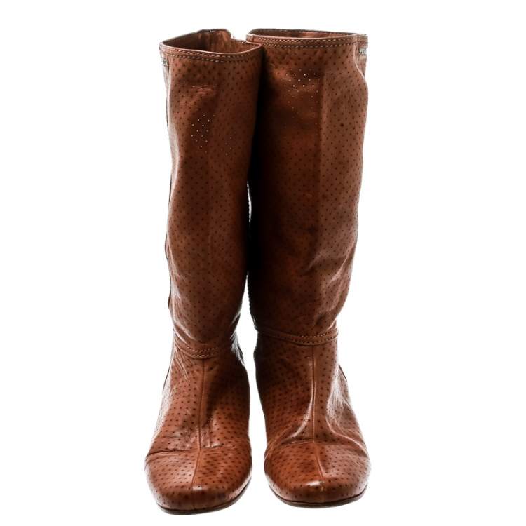 Pre Owned Prada Sport Brown Perforated Leather Mid Calf Flat Boots Size 39