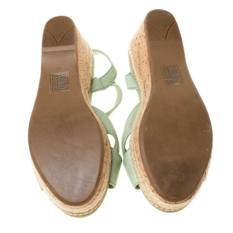 Pre Owned Prada Green Leather Ankle Strap Platform Espadrille Sandals Size 36