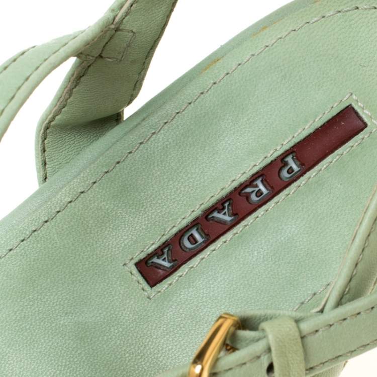 Pre Owned Prada Green Leather Ankle Strap Platform Espadrille Sandals Size 36