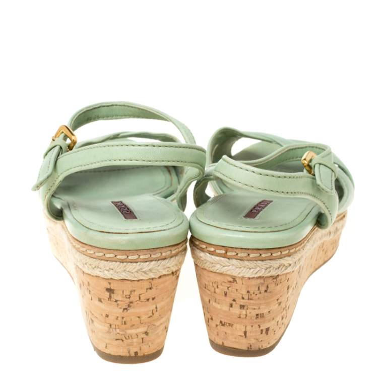 Pre Owned Prada Green Leather Ankle Strap Platform Espadrille Sandals Size 36