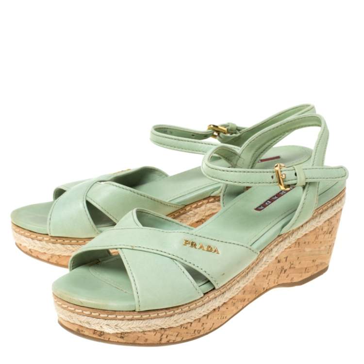 Pre Owned Prada Green Leather Ankle Strap Platform Espadrille Sandals Size 36