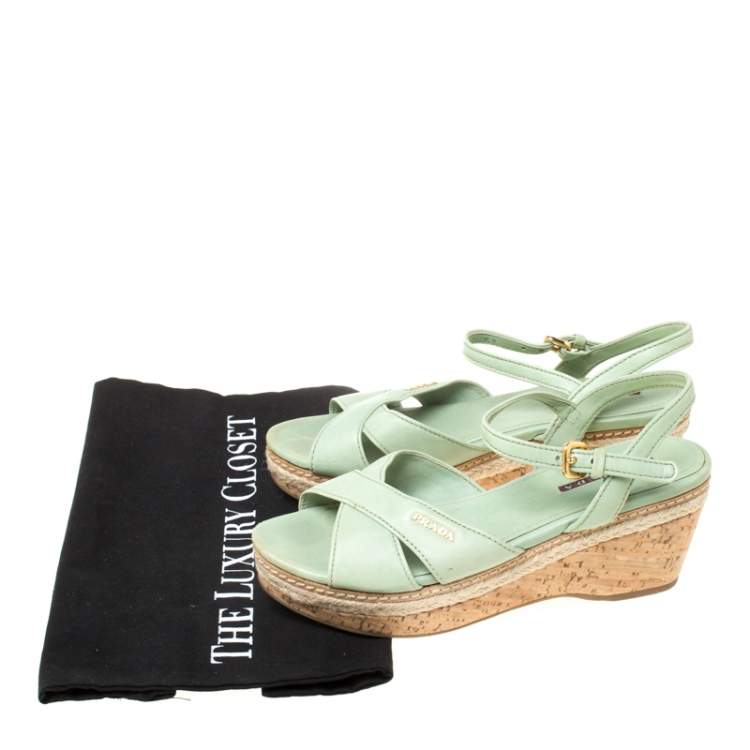 Pre Owned Prada Green Leather Ankle Strap Platform Espadrille Sandals Size 36
