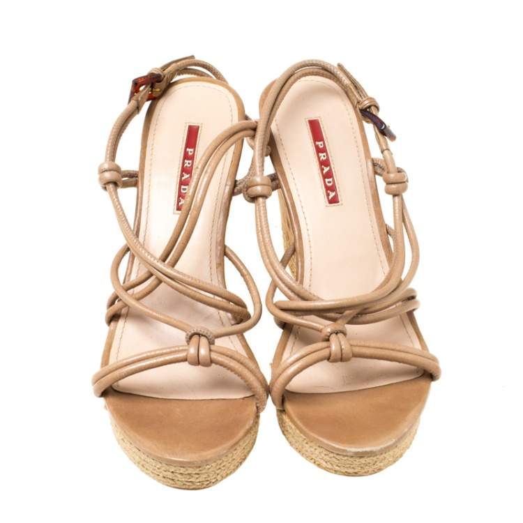 Pre Owned Prada Sport Beige Leather Strappy Cork Wedge Espadrille Platform Sandals Size 37.5