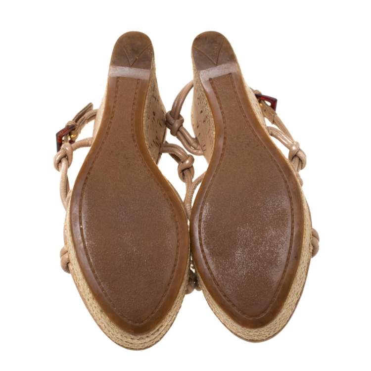 Pre Owned Prada Sport Beige Leather Strappy Cork Wedge Espadrille Platform Sandals Size 37.5