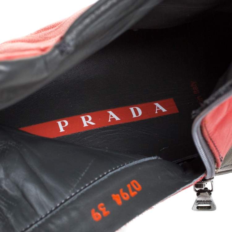 Pre Owned Prada Sport Grey/Red Leather High Top Sneaker Boots Size 39