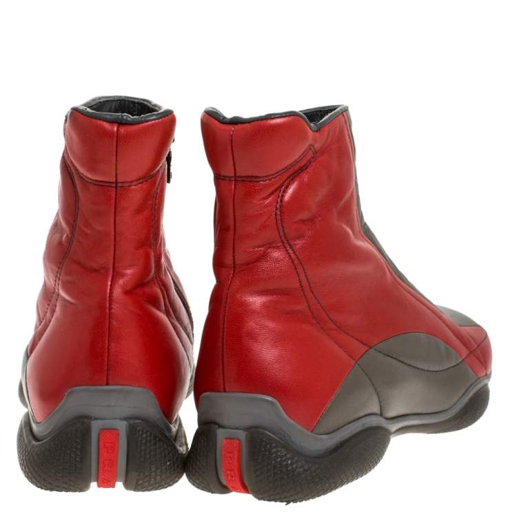 Pre Owned Prada Sport Grey/Red Leather High Top Sneaker Boots Size 39