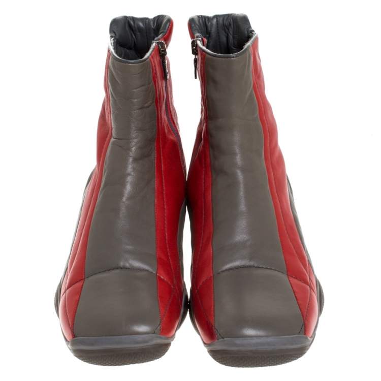 Pre Owned Prada Sport Grey/Red Leather High Top Sneaker Boots Size 39