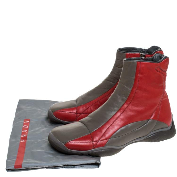 Pre Owned Prada Sport Grey/Red Leather High Top Sneaker Boots Size 39