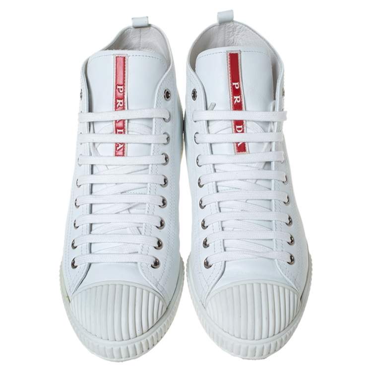 Pre Owned Prada Sport White Leather Lace Up High Top Sneakers Size 39.5